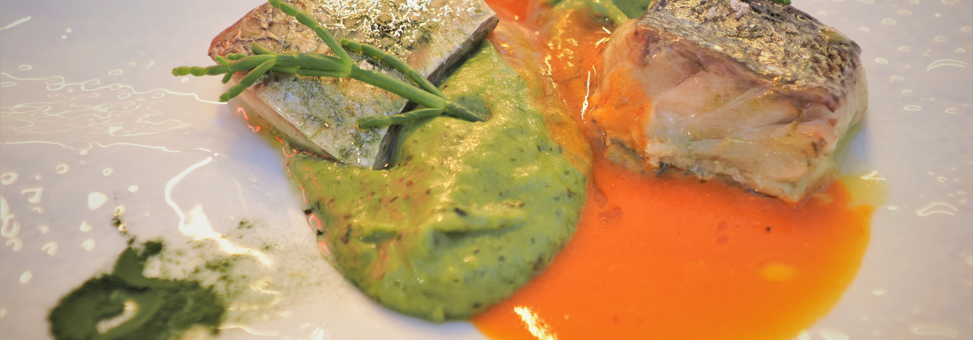 Filete de corvina 'americana' assado com esparregado de plâncton marinho"